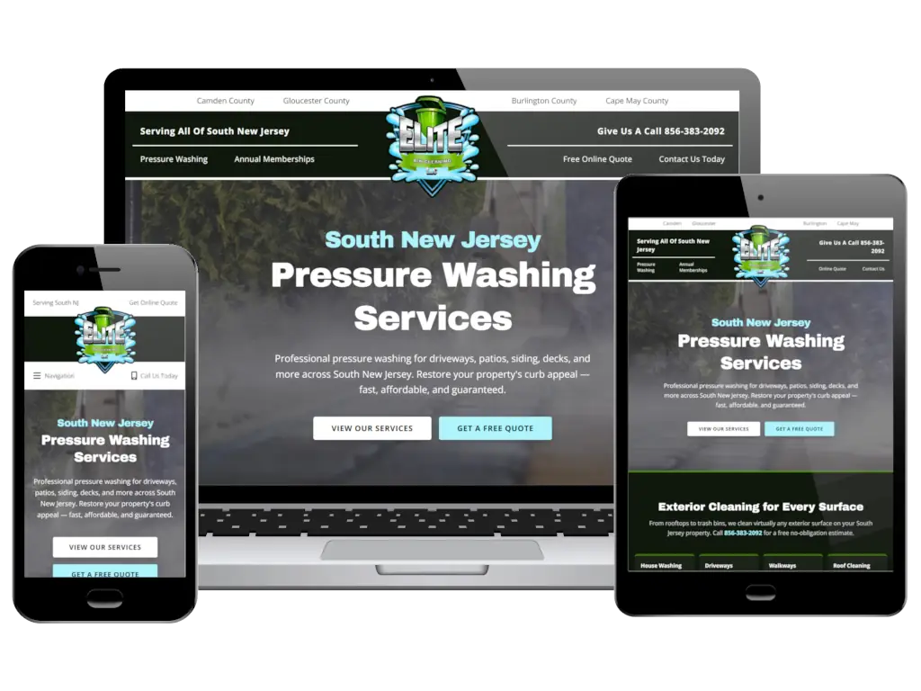 www.elitepressurewashingsj.com website photo collage showcasing responsive web design on laptop, tablet, and mobile devices.