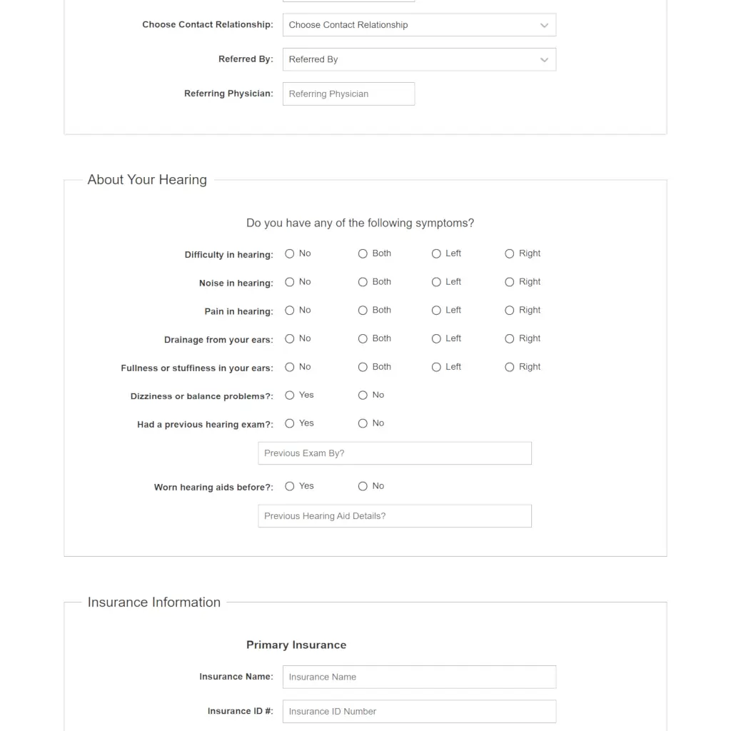 Fischer Hearing Center client intake form with hearing symptoms checklist, medical history questions, and insurance information fields.