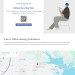 Fischer Hearing Center online hearing test landing page with CTA button, QR code, and illustration of user taking test