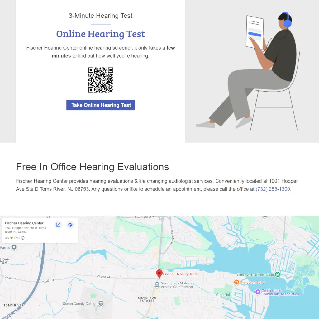 Fischer Hearing Center online hearing test landing page with CTA button, QR code, and illustration of user taking test