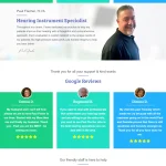 Fischer Hearing Center homepage featuring Paul Fischer, H.I.S., with professional bio and Google Reviews testimonials from satisfied patients.