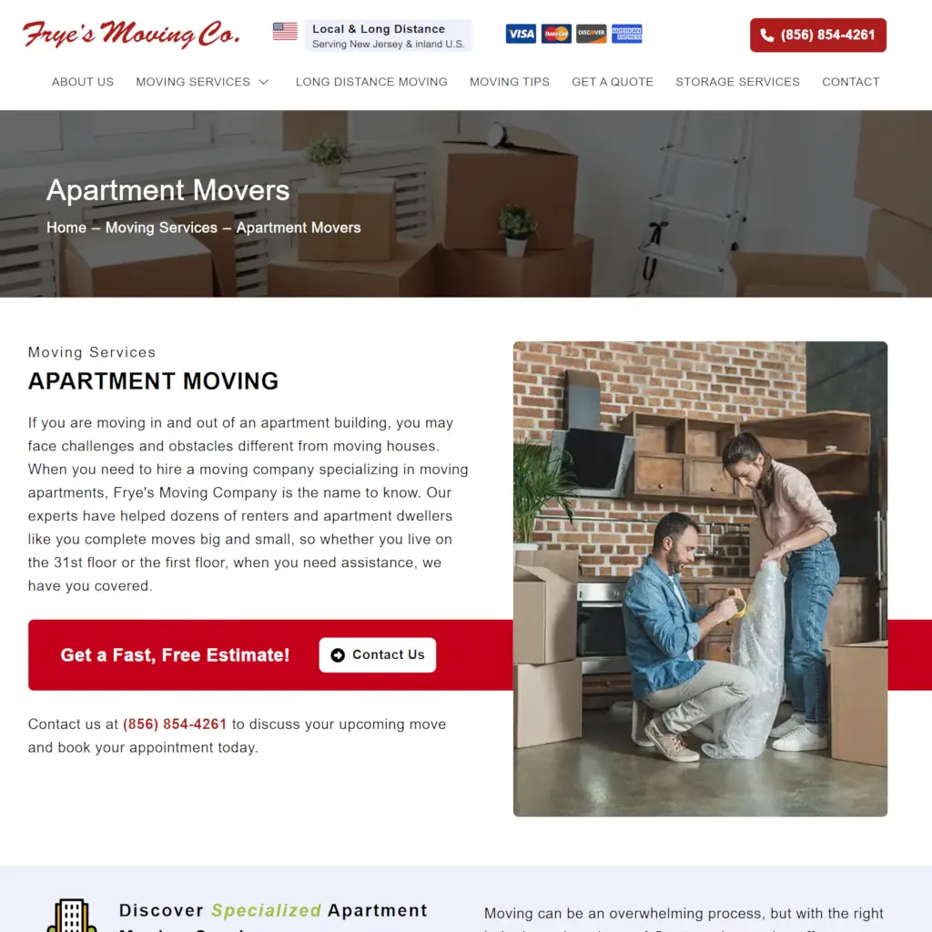 Frye's Moving Co apartment movers webpage with navigation menu, service description, and call-to-action buttons.
