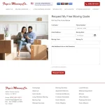 Frye's Moving Co quote request form with fields for name, phone, email, moving dates and locations