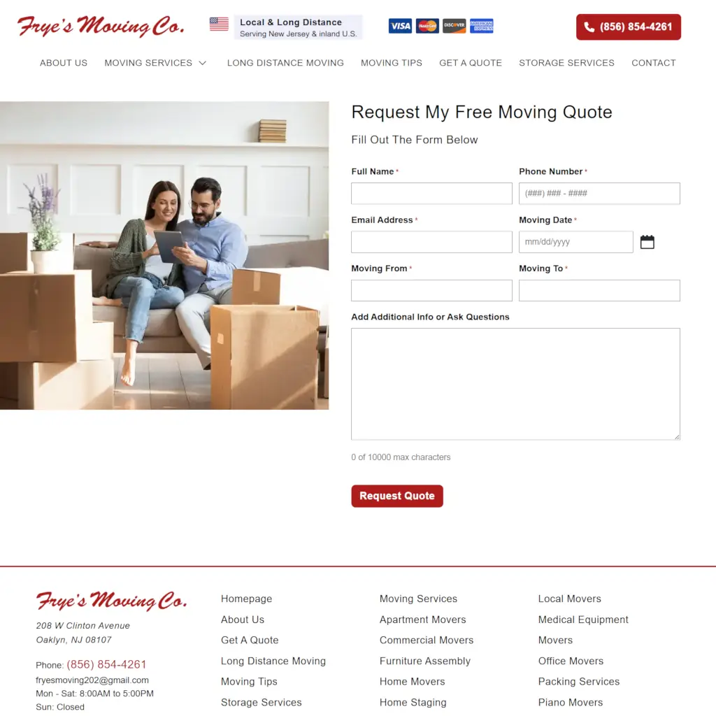 Frye's Moving Co quote request form with fields for name, phone, email, moving dates and locations