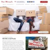 Frye's Moving Co homepage featuring navigation menu, contact info, and hero image of two people with smiley-face boxes.