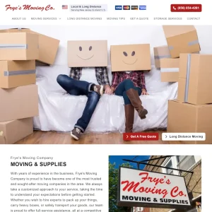 Frye's Moving Co homepage featuring navigation menu, contact info, and hero image of two people with smiley-face boxes.