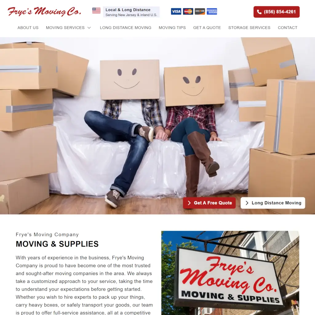 Frye's Moving Co homepage featuring navigation menu, contact info, and hero image of two people with smiley-face boxes.