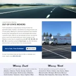 Fryes Moving Co long distance moving webpage featuring highway scenery, service description, moving trucks, and quote call-to-action button.