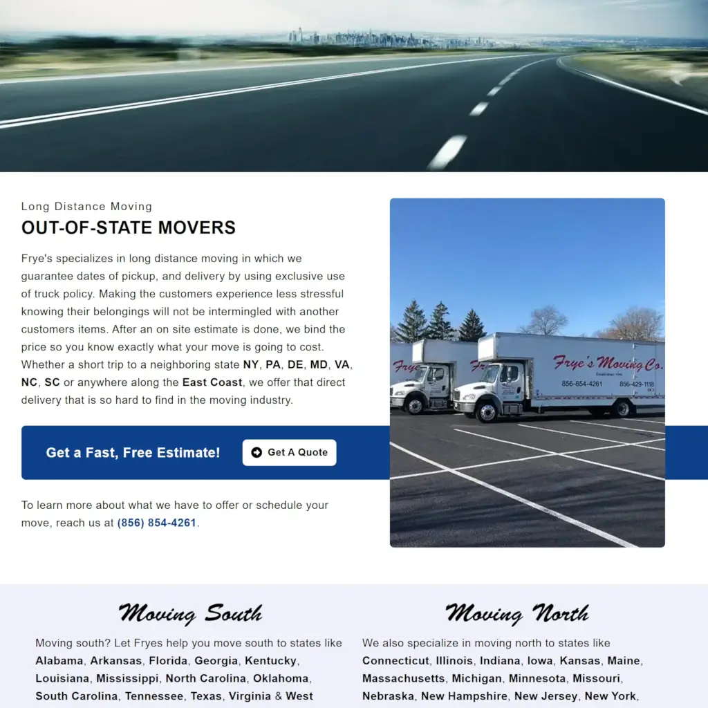 Fryes Moving Co long distance moving webpage featuring highway scenery, service description, moving trucks, and quote call-to-action button.