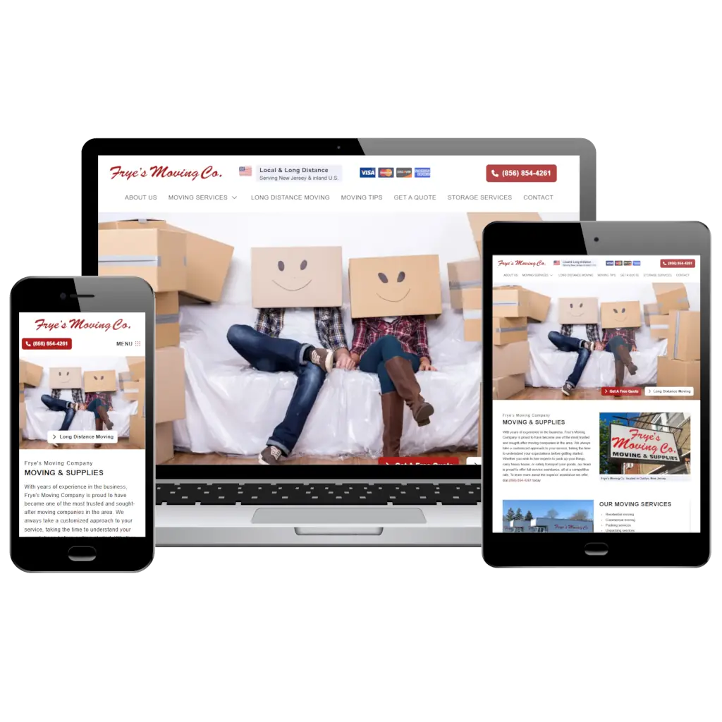 Frye's Moving Co responsive website design displayed across desktop, tablet, and mobile devices showcasing moving services.