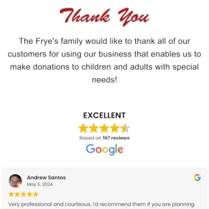 Frye's Community Mission thank you message with Google Reviews showing excellent 5-star rating from 167 reviews.