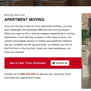 Frye's Moving Co apartment moving service landing page with call-to-action button and contact information