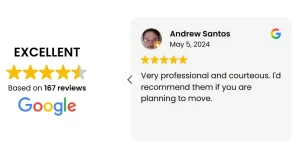 Fryes Moving Co Google Reviews widget displaying excellent 5-star rating from 167 reviews with customer testimonial.