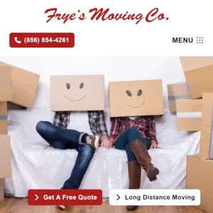 Frye's Moving Co mobile homepage hero with logo, phone button, menu, and two people with smiley-face boxes on bed surrounded by cardboard boxes.