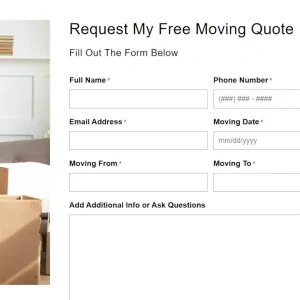 Fryes Moving Co quote request form with fields for name, phone, email, moving date, origin, and destination.