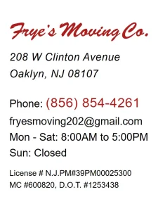 Frye's Moving Co footer displaying address, phone number, email, business hours, and licensing information