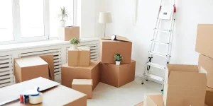 Residential moving boxes and supplies staged in bright room with ladder, lamp, and household items for Fryes Moving Co