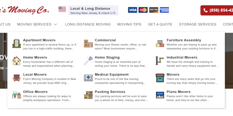 Fryes Moving Co. website mega menu displaying services including apartment, home, commercial, and specialty moving options.
