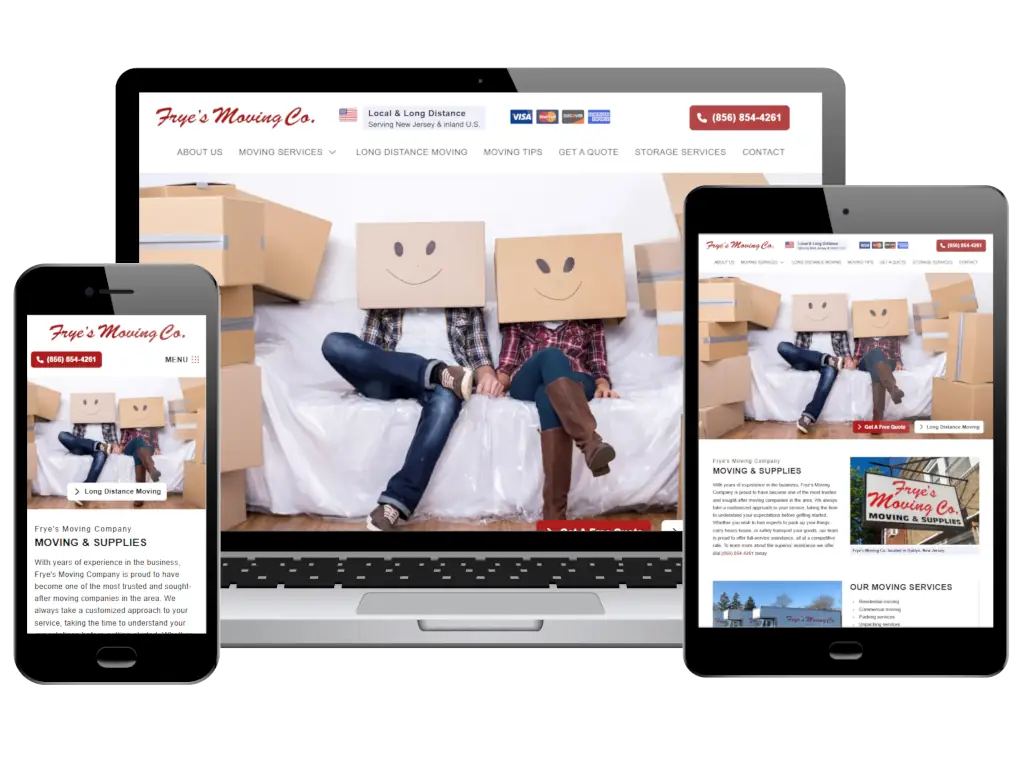 Frye's Moving Co. responsive website design displaying moving services across desktop, tablet, and mobile layouts.