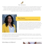 Live Life and Smile Homecare Services About Us webpage displaying mission statement, founder Chenice's biography, and service values.