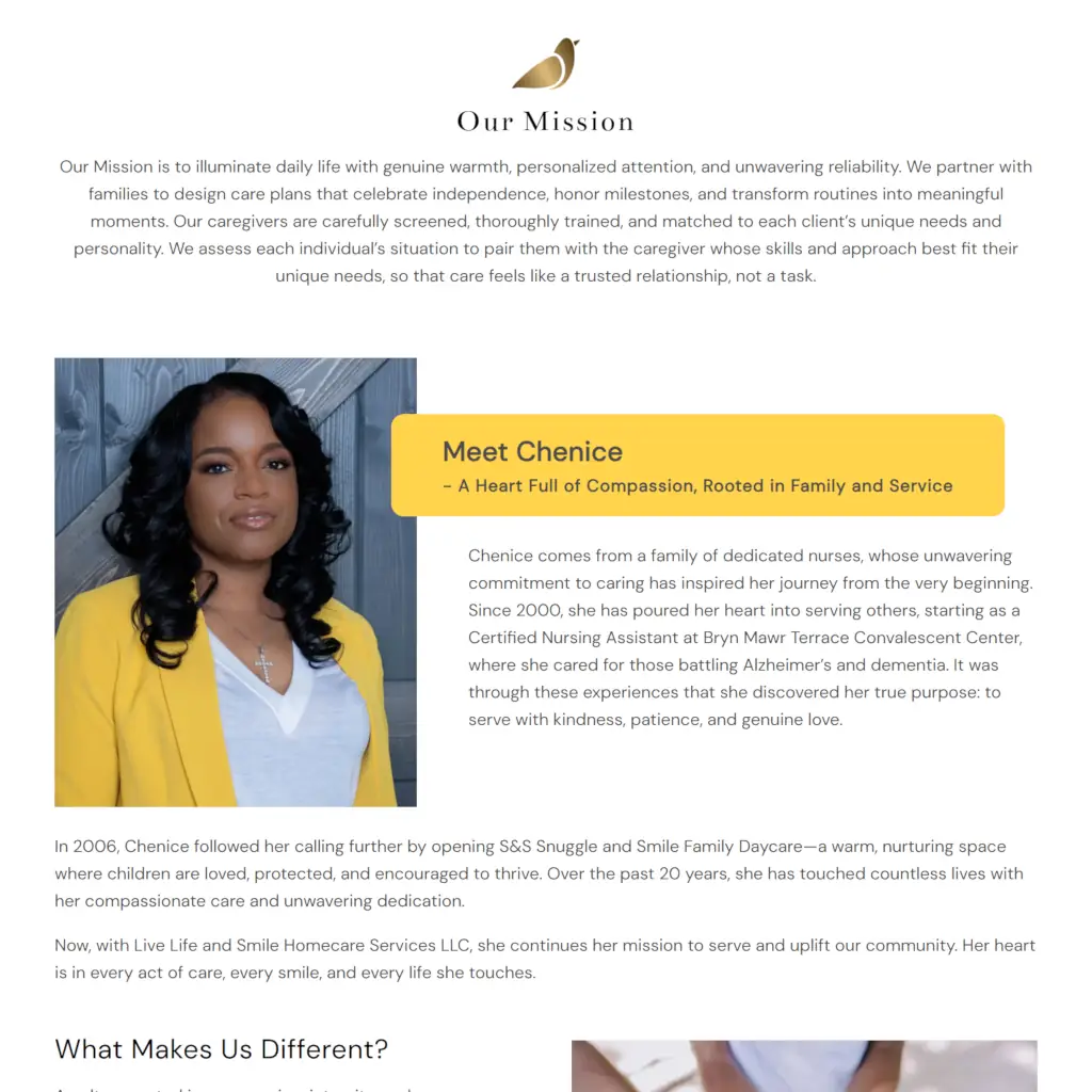 Live Life and Smile Homecare Services About Us webpage displaying mission statement, founder Chenice's biography, and service values.