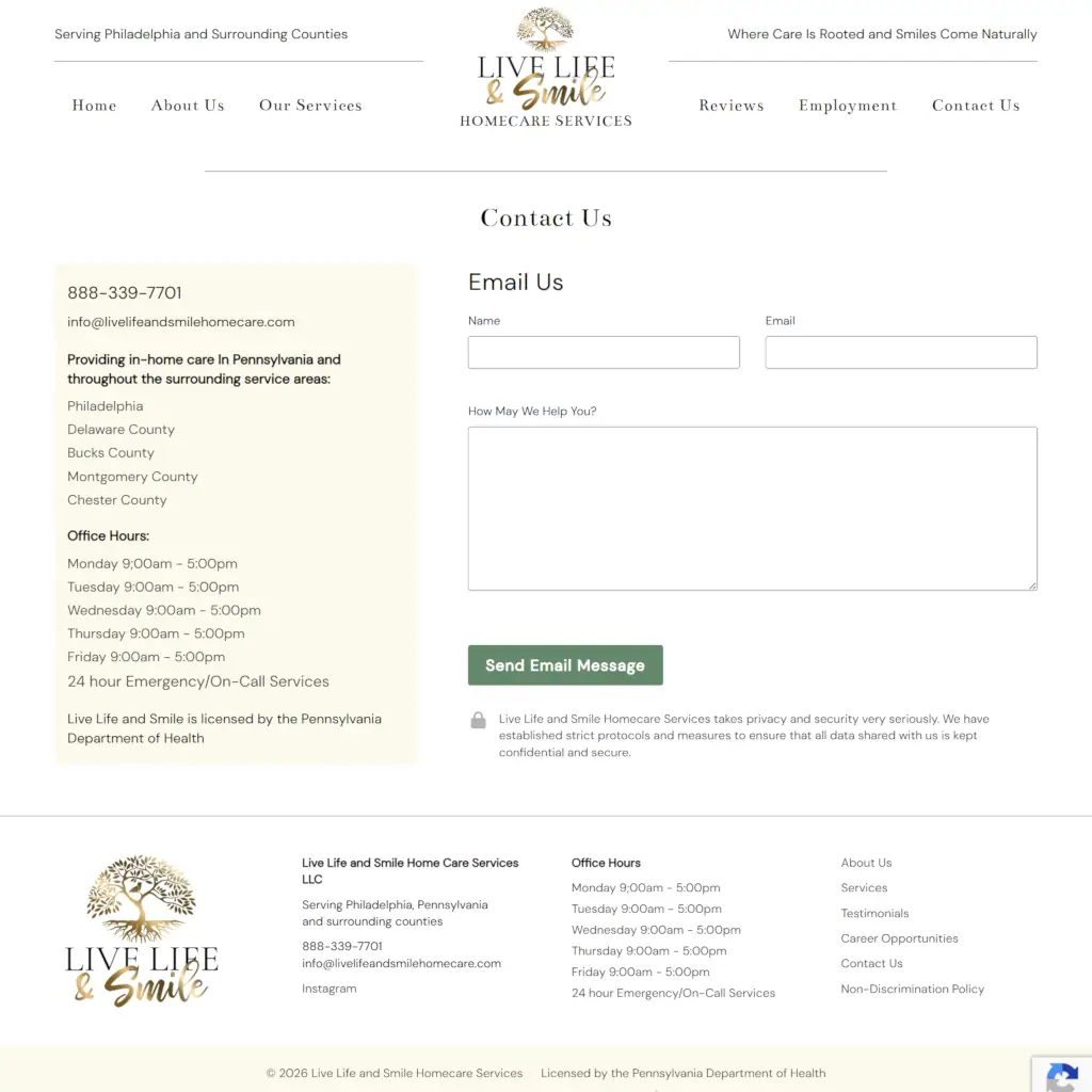 Live Life and Smile Homecare Services contact form webpage with email submission fields and office hours in Philadelphia area.