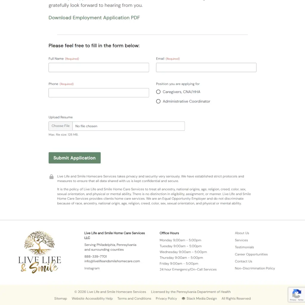 Live Life and Smile Homecare Services employment application form with fields for name, email, phone, position selection, and resume upload.