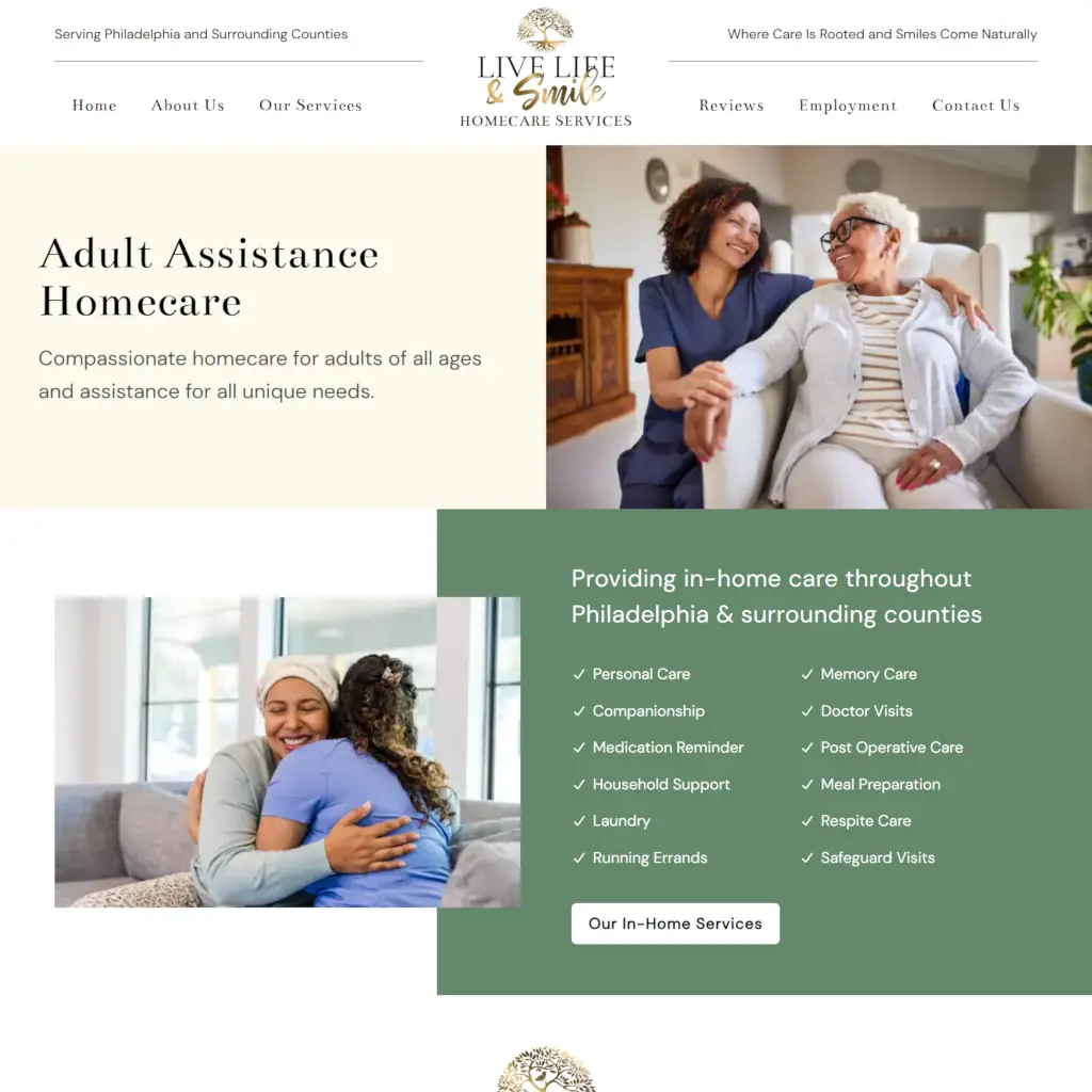 Live Life and Smile Homecare Services website homepage featuring navigation menu, logo, hero section with caregiver and senior client, and service offerings list.