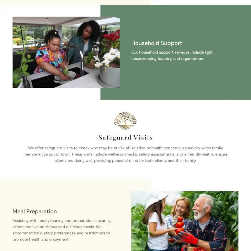 Live Life and Smile homecare services webpage displaying household support, safeguard visits, and meal preparation service offerings.