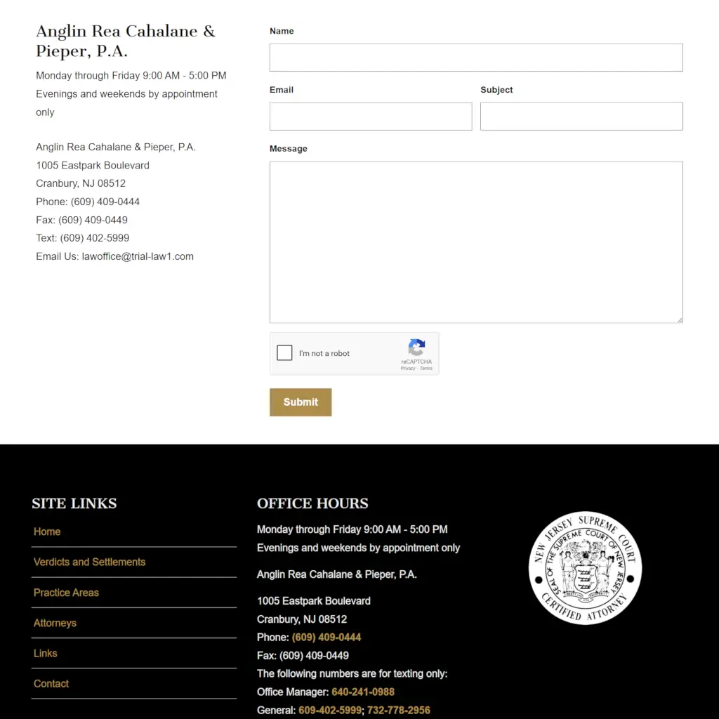 Law firm contact form with Name, Email, Subject, and Message fields, reCAPTCHA verification, and Submit button.