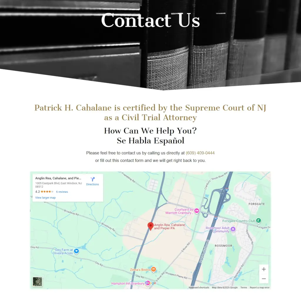 Contact Us page for Anglin Rea Cahalane Pieper PA law firm displaying attorney credentials, contact information, and embedded Google Map location.