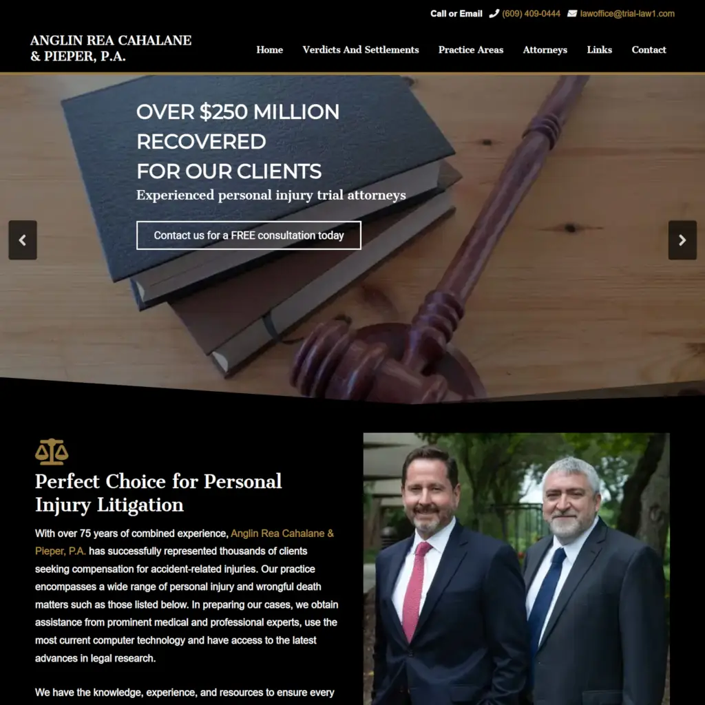 Anglin Rea Cahalane & Pieper law firm website homepage featuring hero section with gavel imagery and $250 million client recovery claim.