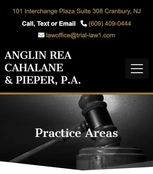Law firm mobile website header for Anglin Rea Cahalane & Pieper with contact info and Practice Areas section.