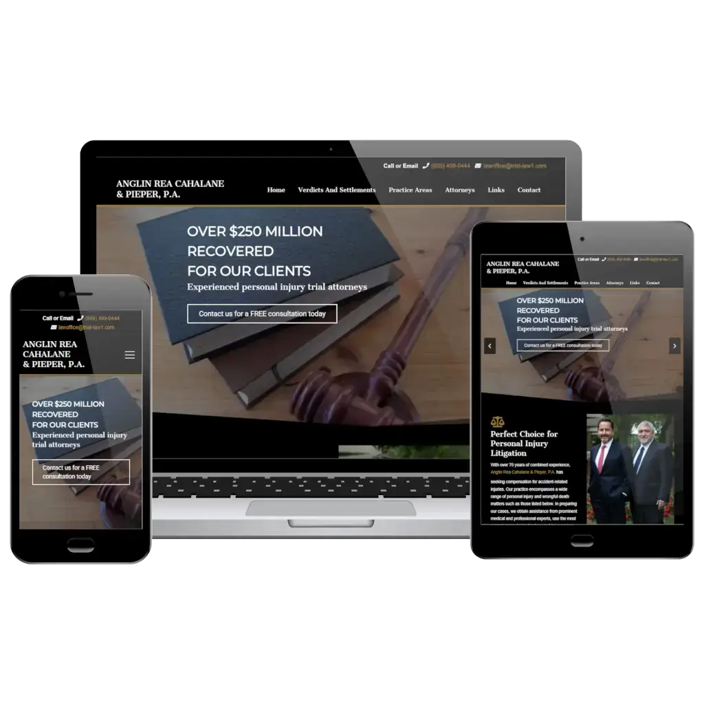 Anglin Rea Cahalane & Pieper law firm website displayed across mobile, tablet, and desktop responsive layouts showcasing personal injury marketing.