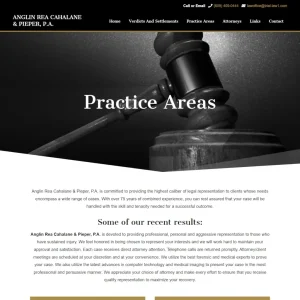 Anglin Rea Cahalane & Pieper law firm website Practice Areas page with gavel hero image and navigation menu