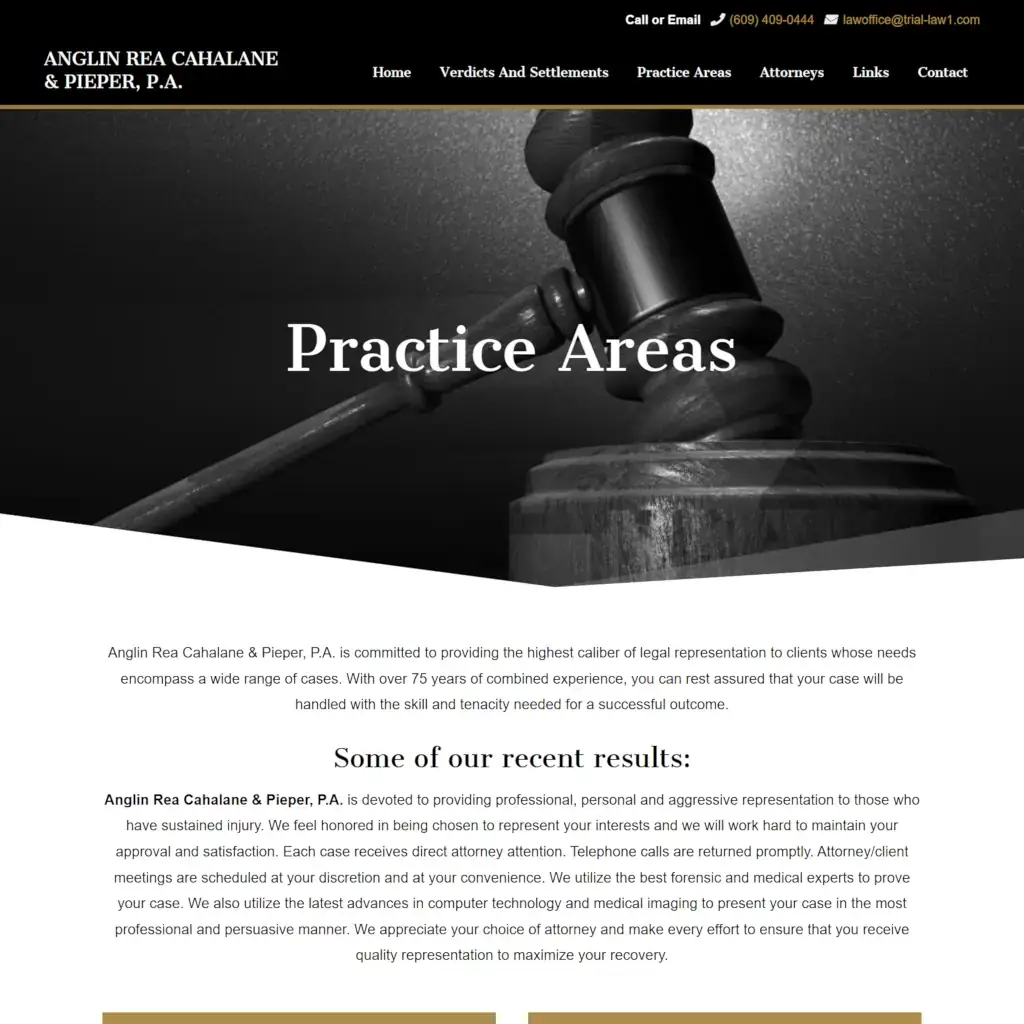 Anglin Rea Cahalane & Pieper law firm website Practice Areas page with gavel hero image and navigation menu