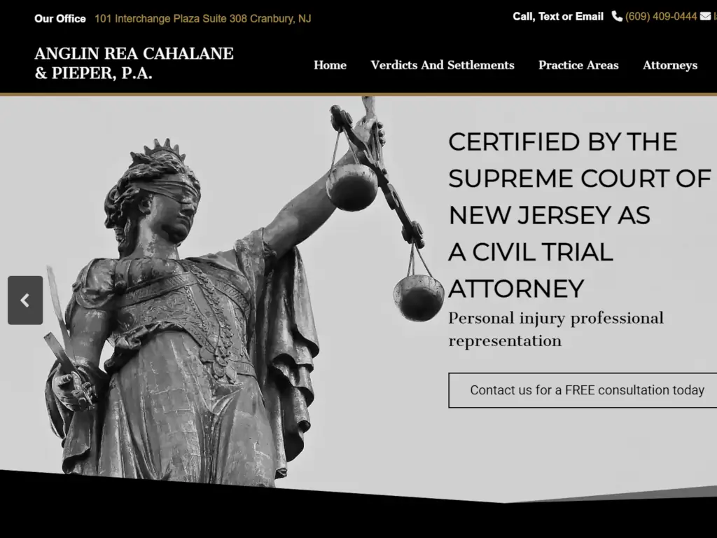 Law firm website hero section with Lady Justice statue and Supreme Court certification text for NJ civil trial attorney services.