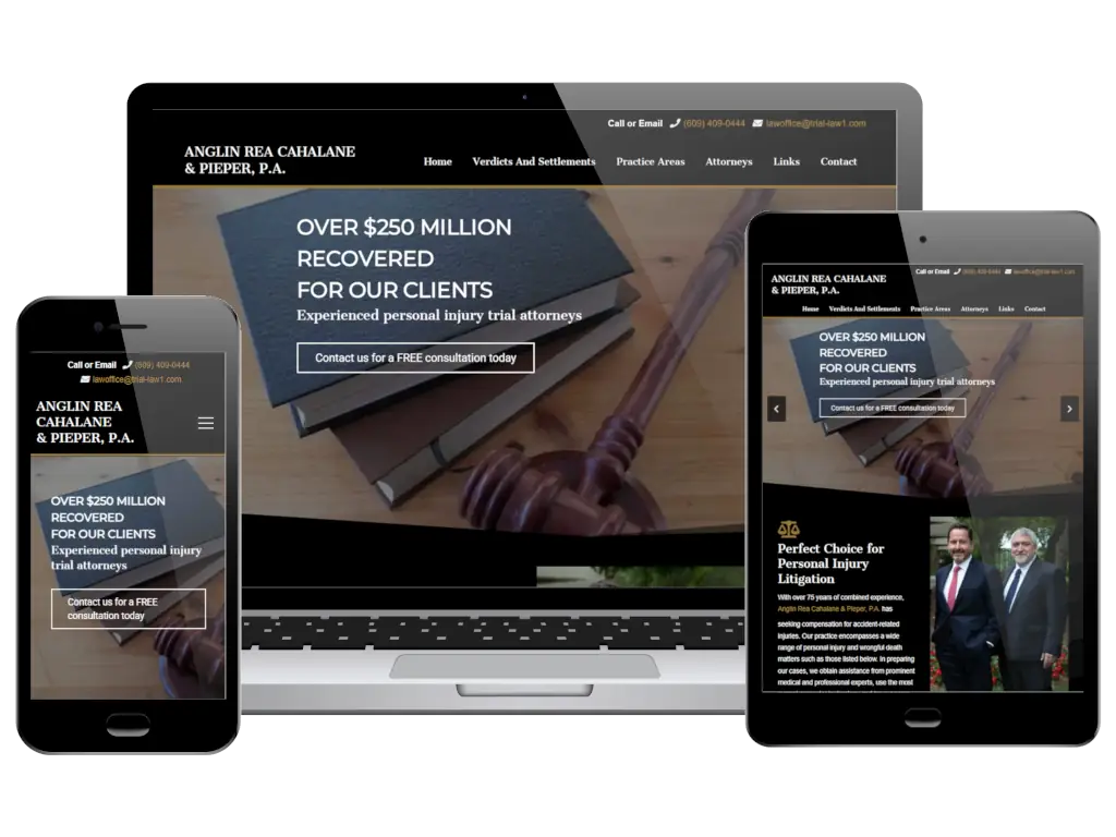 Anglin Rea Cahalane & Pieper law firm website displayed across mobile, tablet, and desktop responsive layouts with $250M recovery messaging.