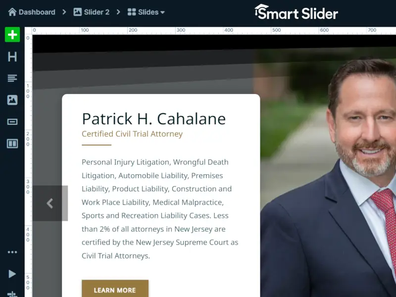 Smart Slider admin interface displaying NJ injury attorney profile with photo, credentials, and practice areas