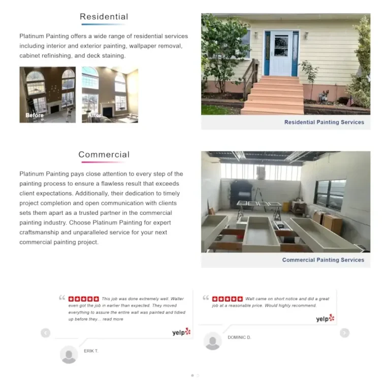 Platinum Painting LLC services page showcasing residential and commercial painting options with before-after photos and client testimonials.