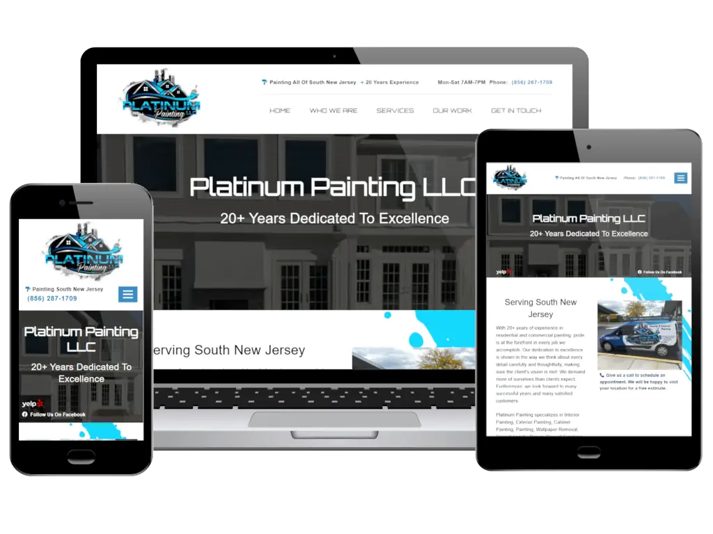 Platinum Painting LLC responsive website design displayed across mobile, tablet, and desktop devices with navigation menu and service information.