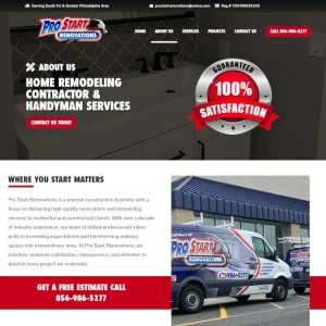 Pro Start Renovations About Us page with 100% satisfaction guarantee badge and service vehicle photo
