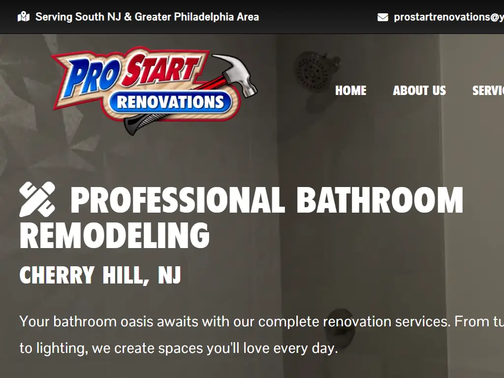 User interface for Pro Start Renovations web design featuring bathroom remodeling services in Cherry Hill, NJ.