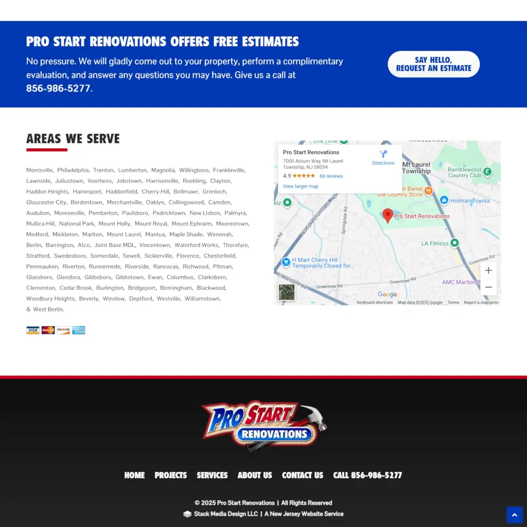 Pro Start Renovations website footer with navigation menu, logo, service areas list, Google Map, and free estimate call-to-action.