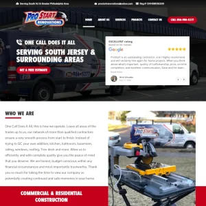 Pro Start Renovations website homepage featuring navigation menu, service tagline, Google review testimonial, and company description with construction imagery.