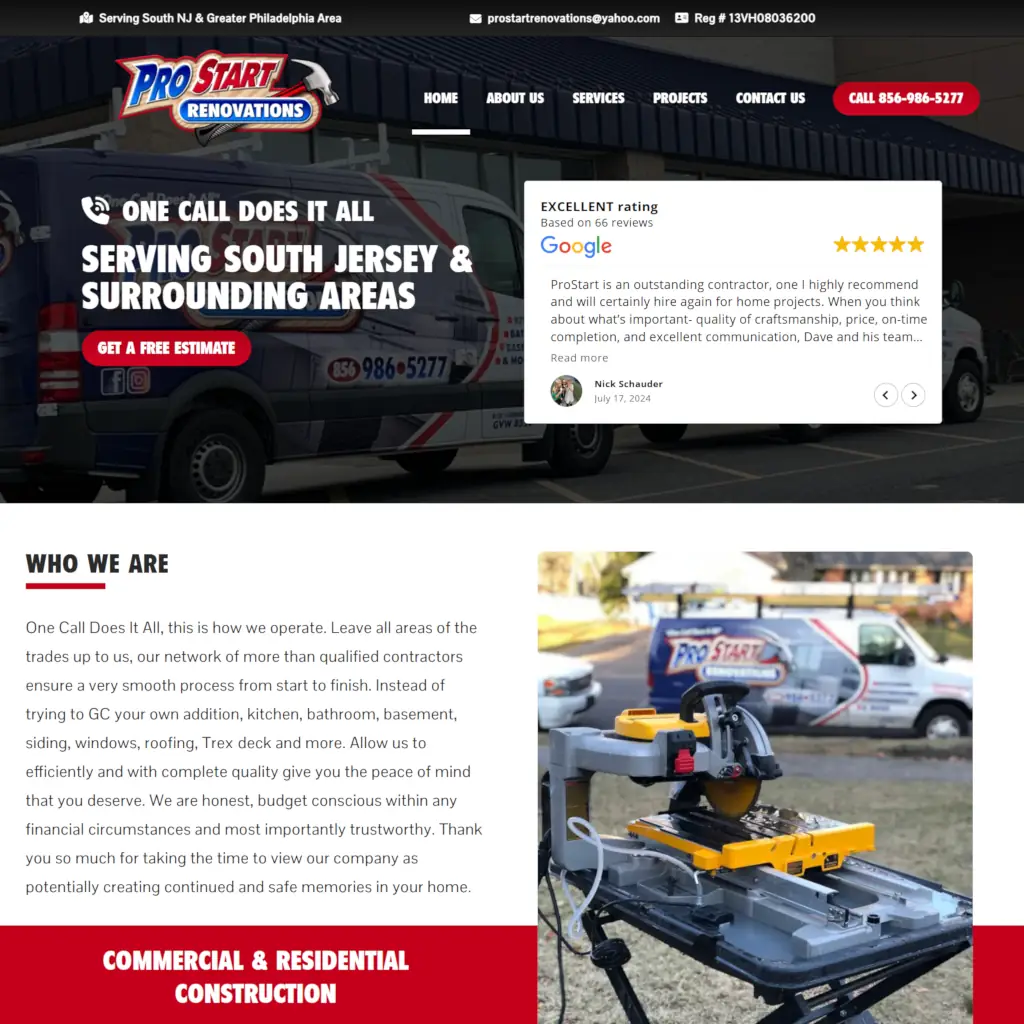 Pro Start Renovations website homepage featuring navigation menu, service tagline, Google review testimonial, and company description with construction imagery.
