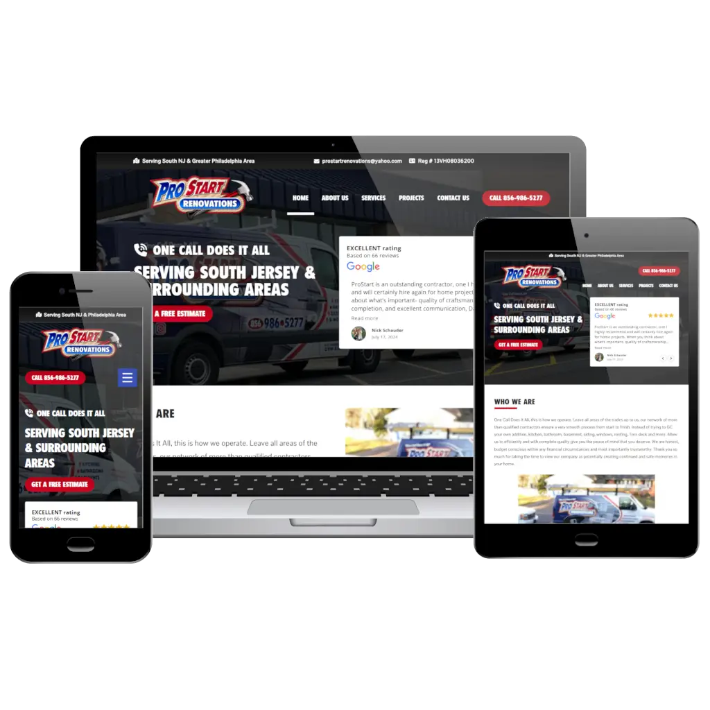 Responsive website design for Pro Start Renovations displayed on a laptop, tablet, and smartphone.