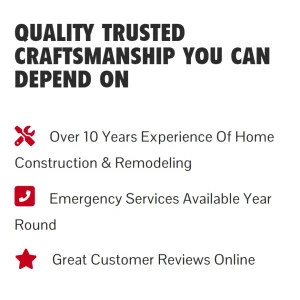 Web design layout showing business trust indicators with red icons and bold typography.