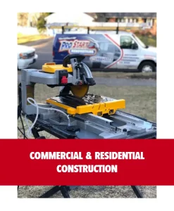 Pro Start Renovations commercial and residential construction banner featuring a professional wet tile saw and a company work van.