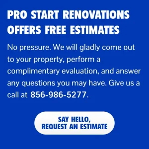 Web design hero section for Pro Start Renovations highlighting free estimates and a call-to-action button.